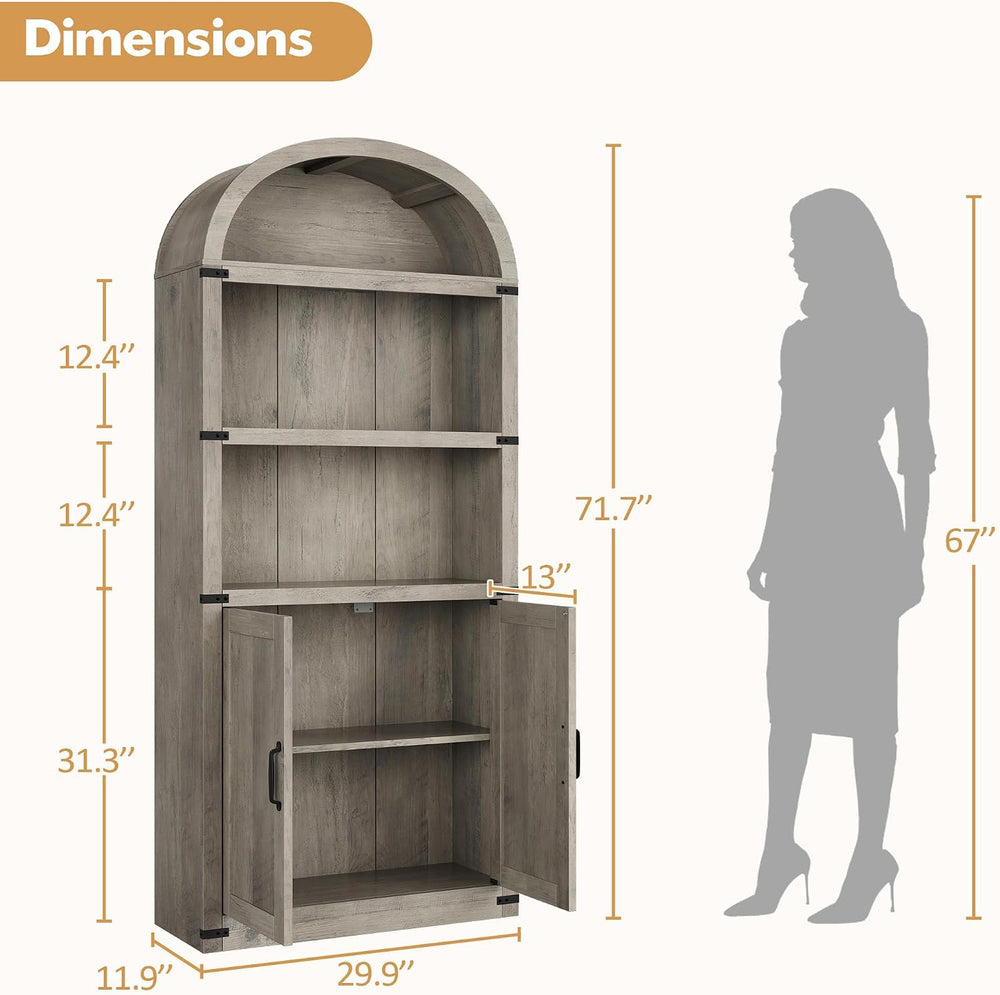 GarveeHome Bookcase with Doors Arched Bookshelf 71.65 in Tall Bookcase Farmho...