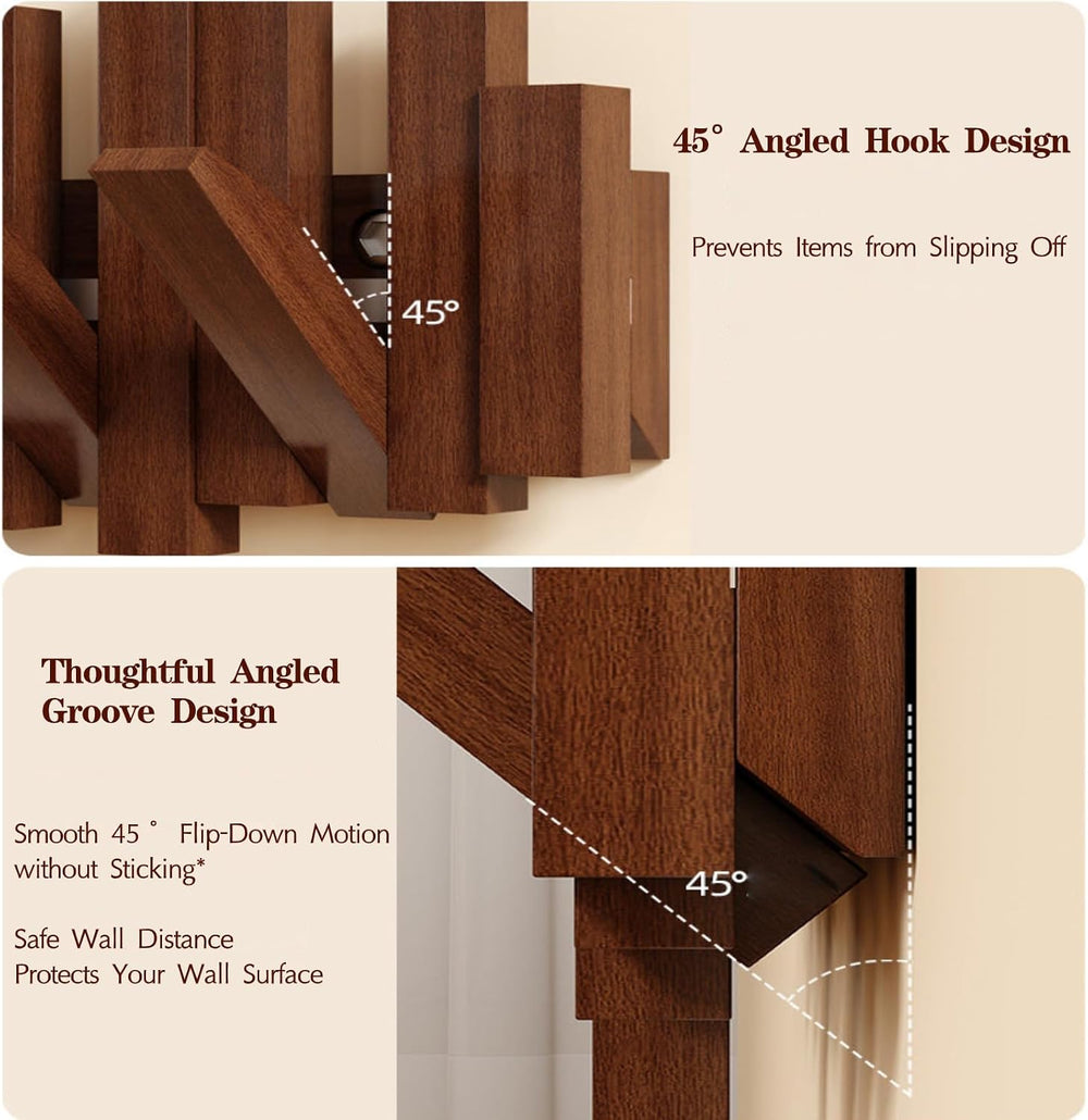 Piano Coat Rack Wall Mount, Wooden Magnetic Wall Hooks with Flip-Down Design,...