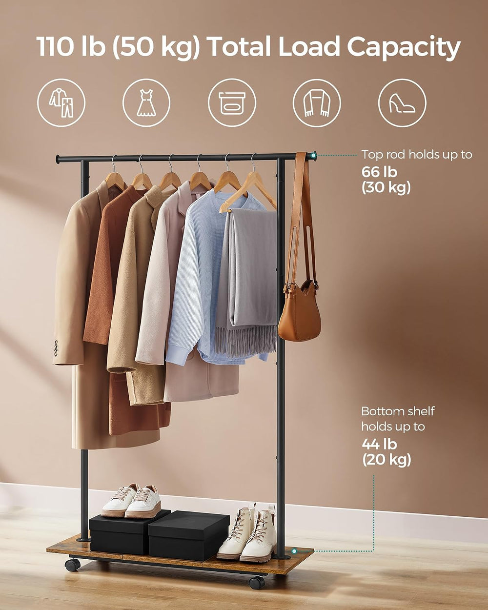 SONGMICS Clothes Rack with Wheels, Metal Garment Rack with Shelf