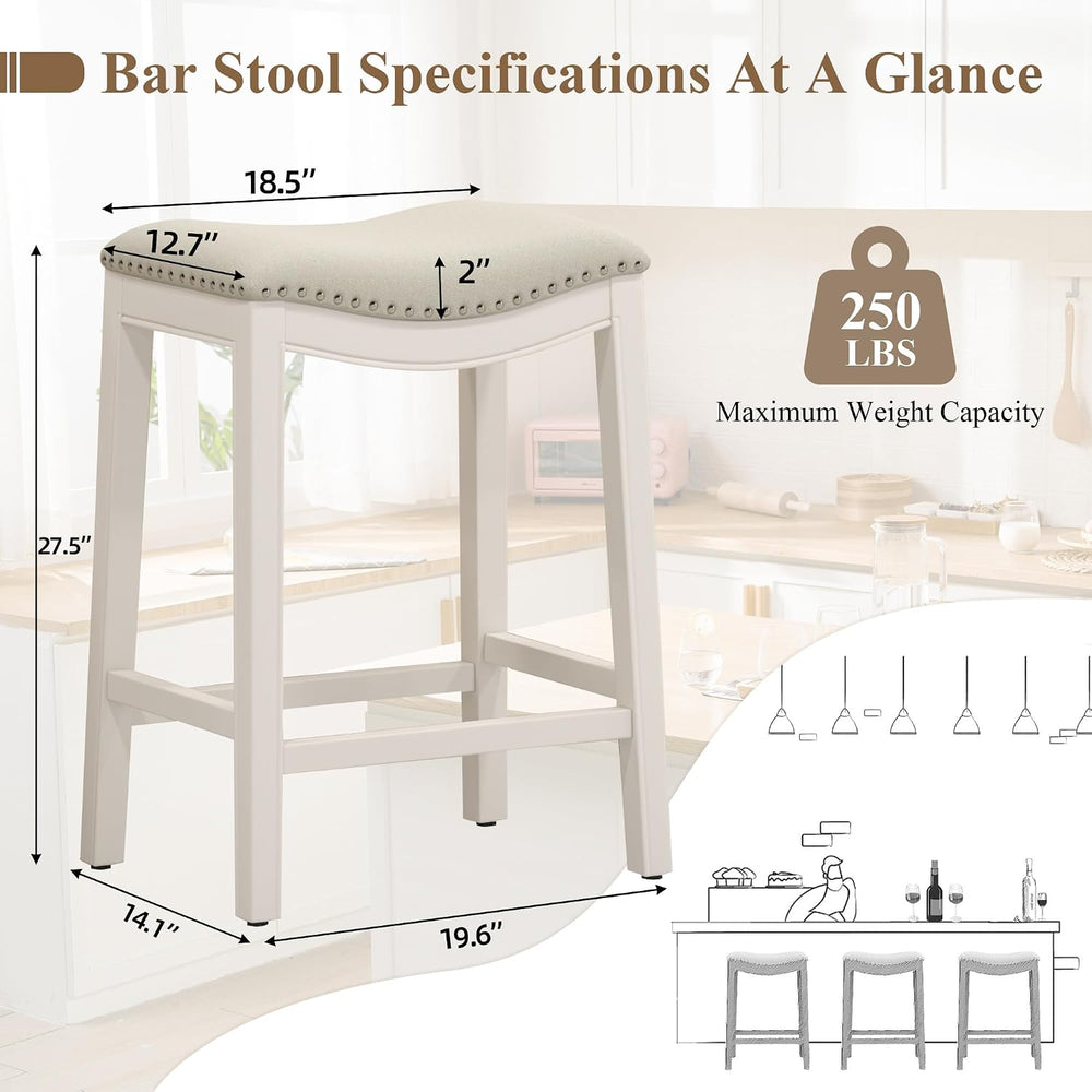 27" Backless Saddle Counter Stools Set of 2, Hand-brushed Wood Finish Legs