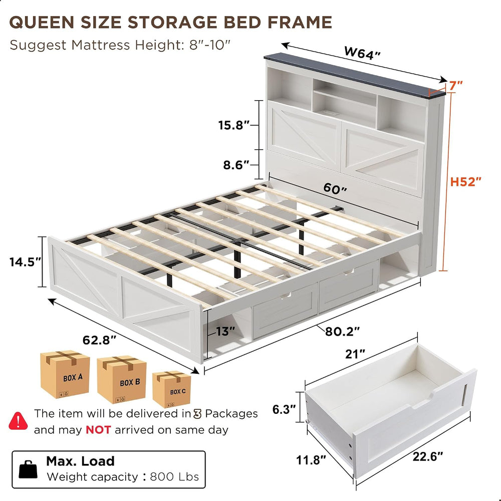 ACCOHOHO Farmhouse Queen Size Bed Frame with 52" High Storage Bookcase H...
