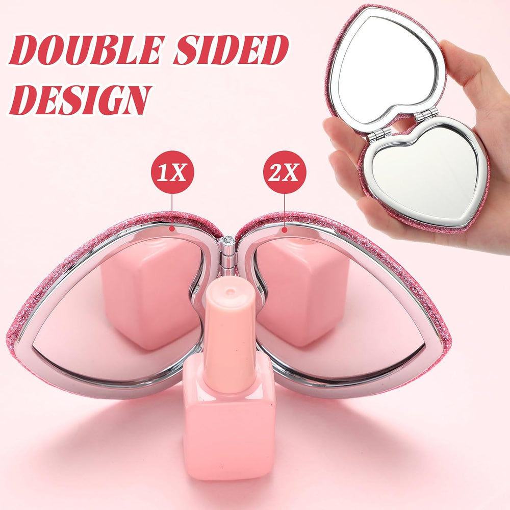 24 Pcs Heart Compact Mirrors Double Sided Magnifying, Pink