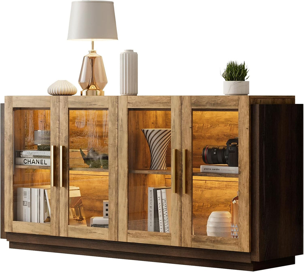 AMERLIFE Modern Sideboard Buffet Cabinet with Storage & Glass Doors, Brown