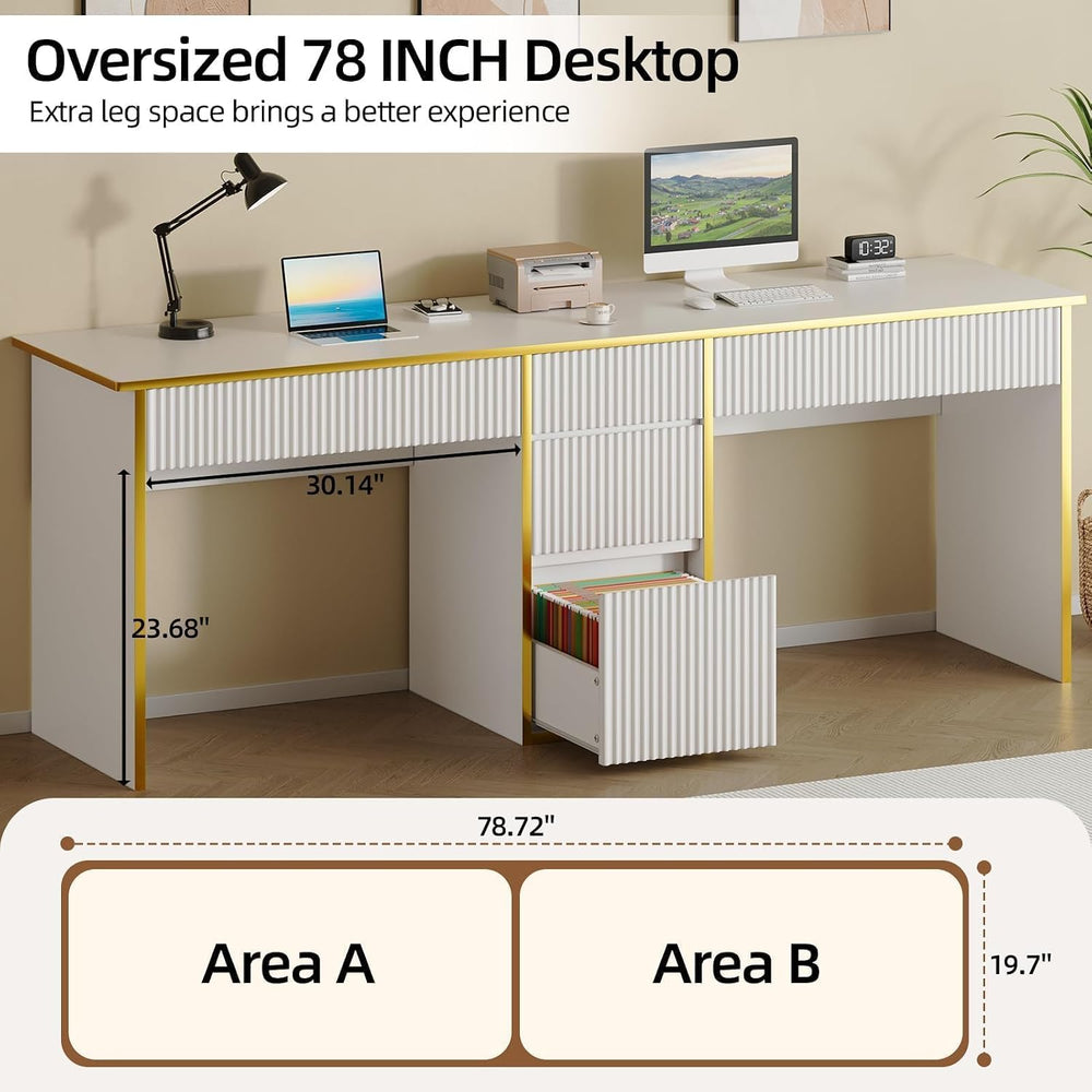 4 EVER WINNER 78" Two Person Computer Desk with 5 Drawers, White and Gold