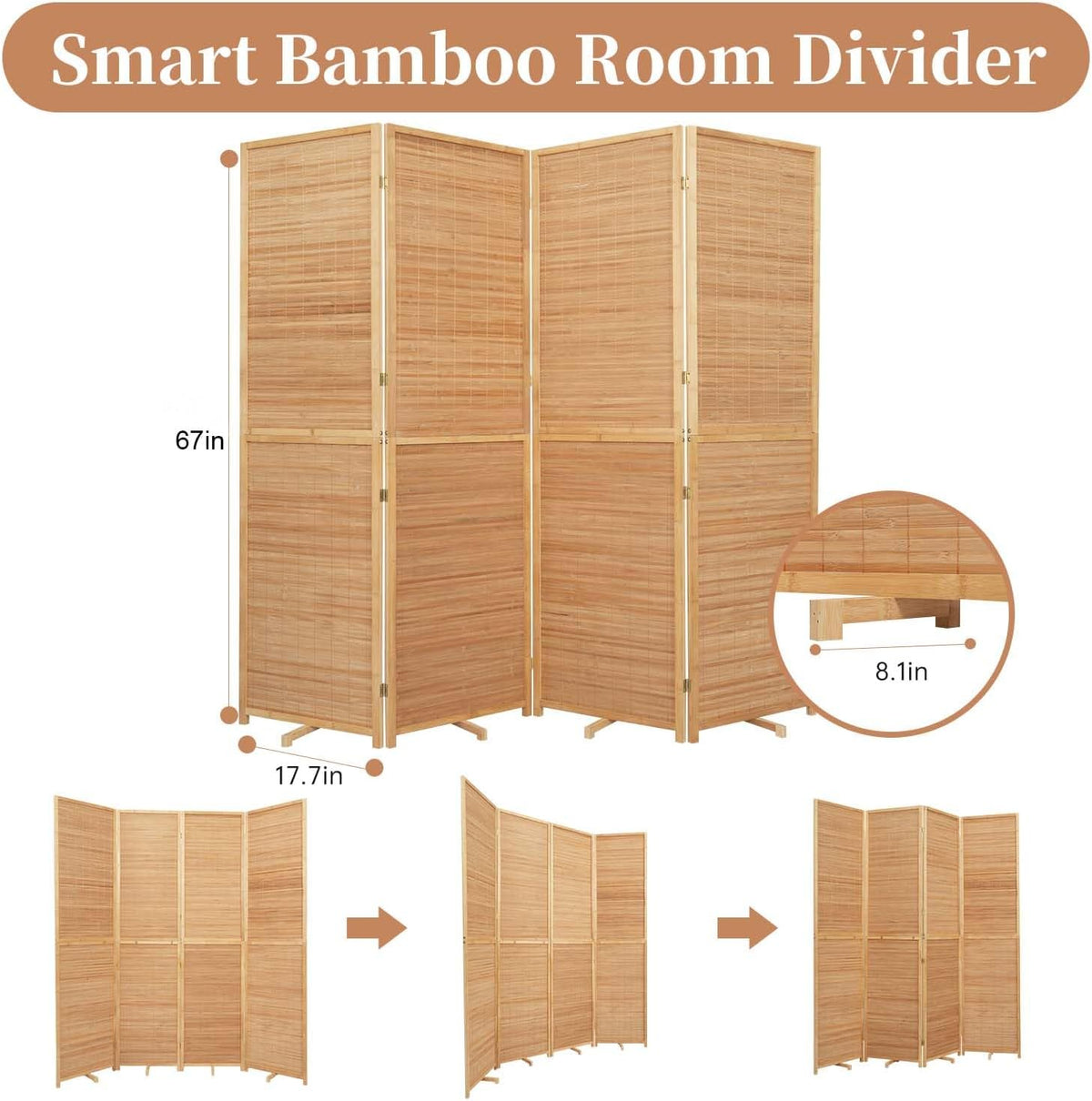 Room Divider Folding Privacy Screens,Hand-Made Natural Bamboo Room Dividers