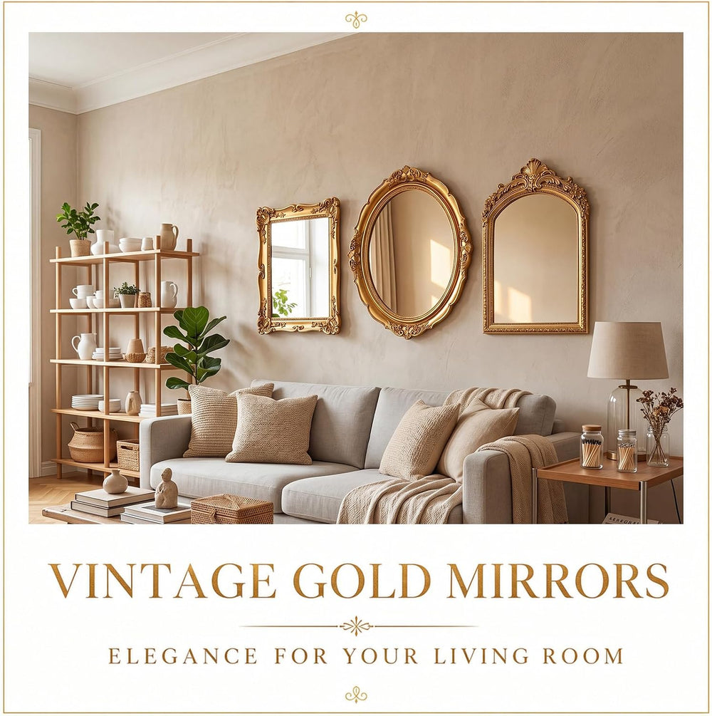3 Pcs Vintage Gold Wall Mirror Set, 15in/13in/12in, Retro Style