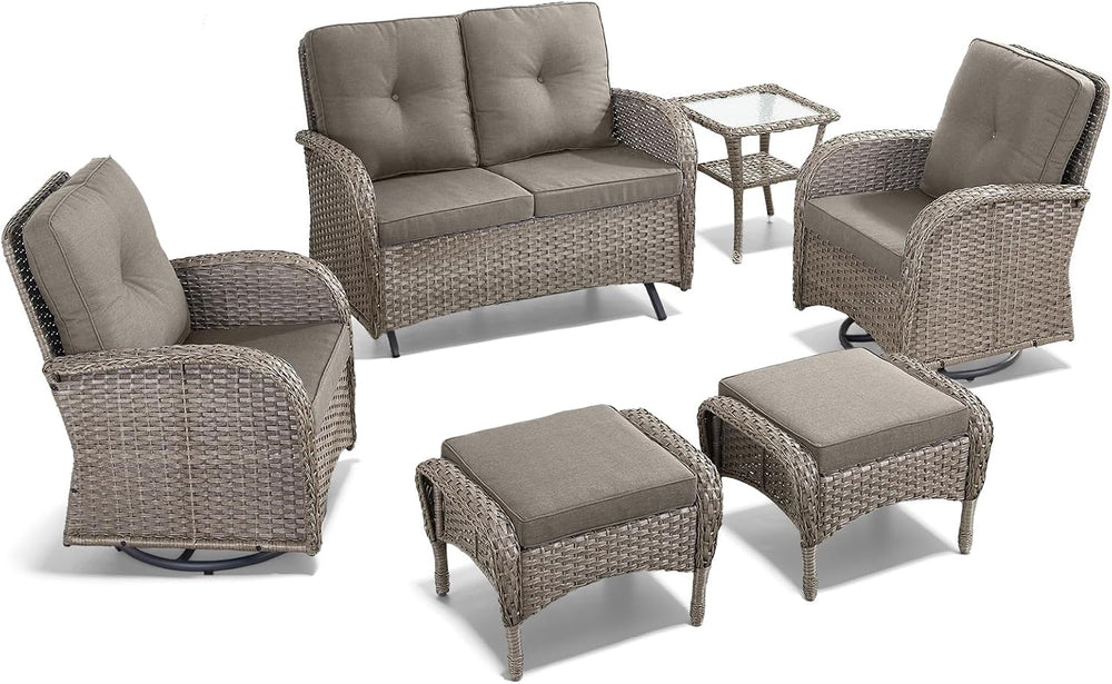 HUMMUH 6 Piece Wicker Patio Set, Swivel Rockers & Glider, Grey/Grey