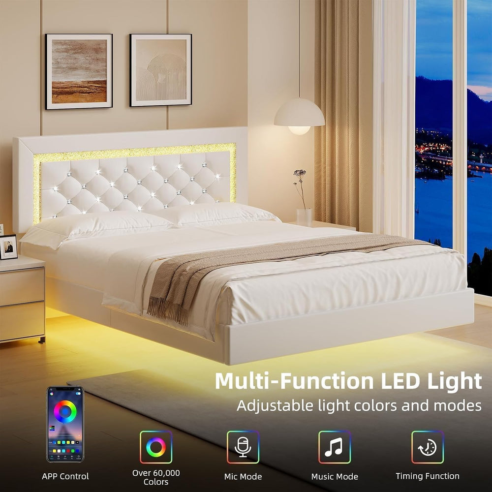 Floating Bed Frame Queen with LED Lights and Diamond Headboard,White
