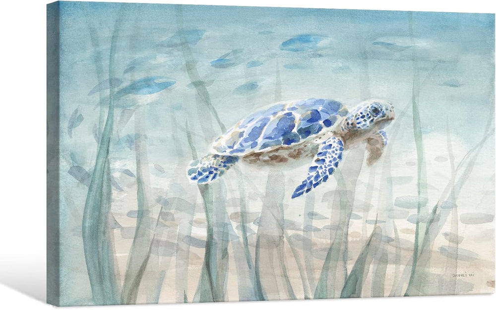 Ocean Wall Decor Blue Turtle Canvas Art Sea Grass Pictures Coastal Print Pain...