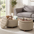 25" Round Ottoman with Storage, Small Coffee Table with Reversible Tray Lid
