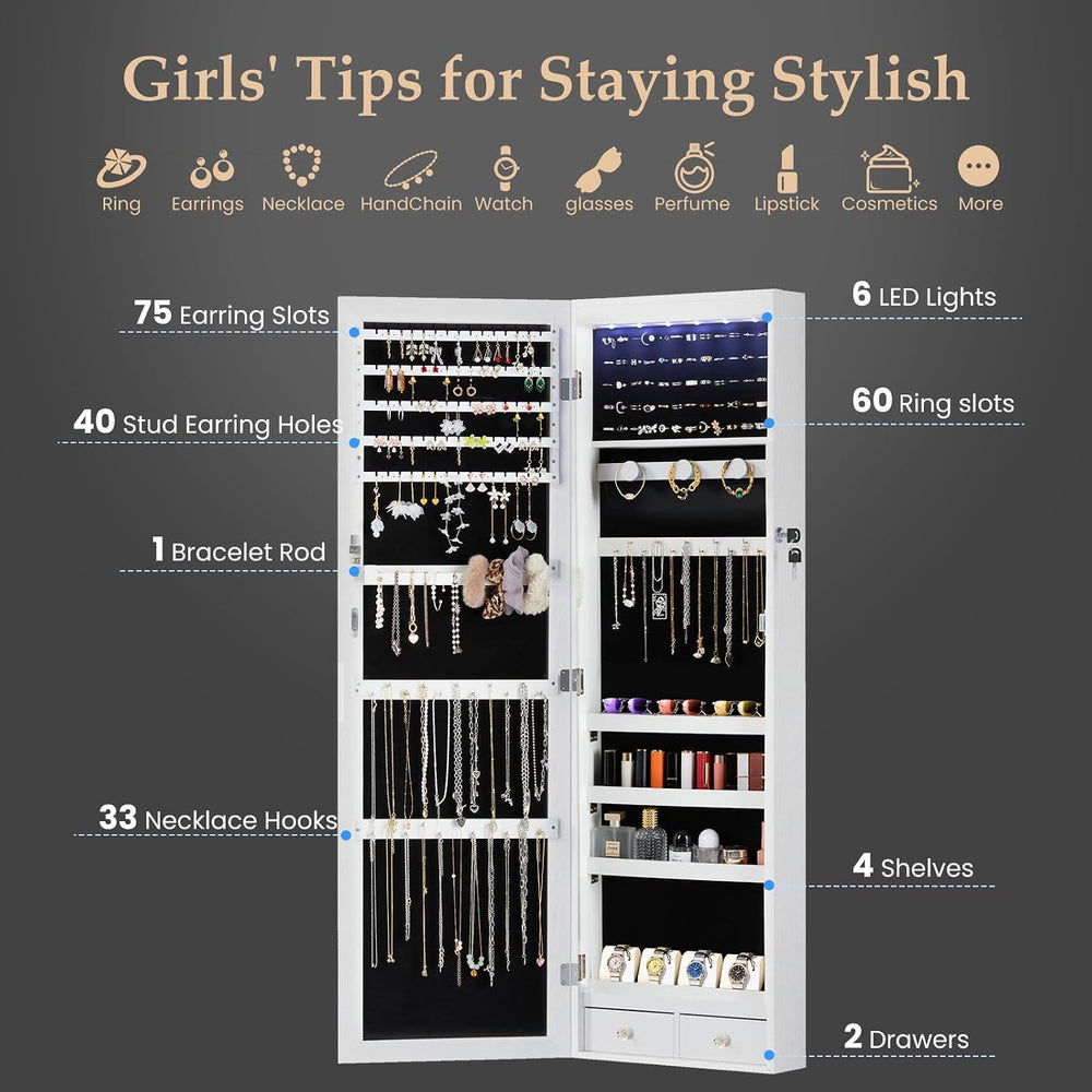 DUMOS Jewelry Organizer Mirror, 6 LEDs Jewelry Armoire Cabinet, 47.2 Inch