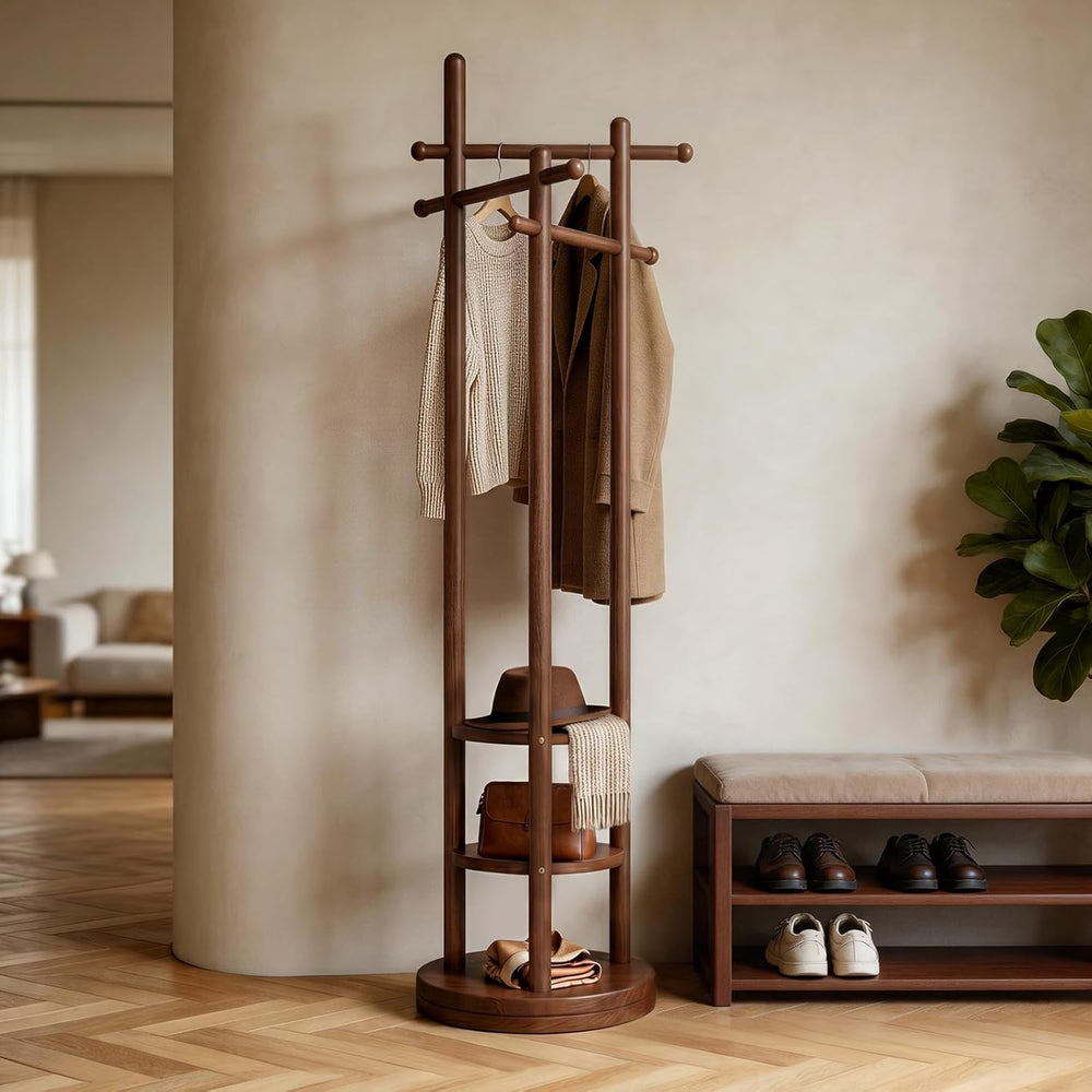 Coat Rack Freestanding, Solid Wood Coat Tree with 6 Hooks and 3 Storage Shelv...