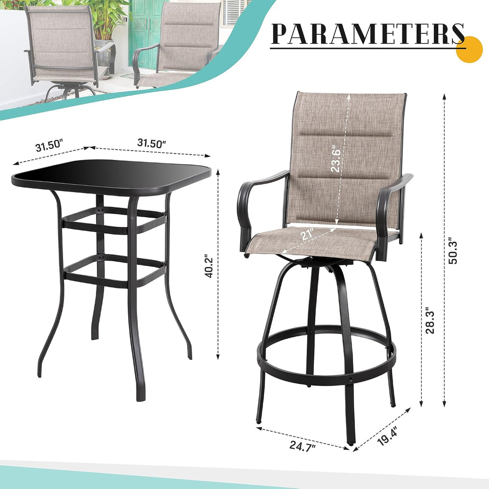Vongrasig 5 Piece Patio Swivel Bar Set, All Weather Metal Textilene High Stoo...