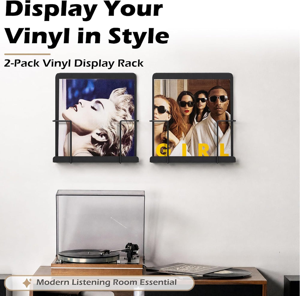 Vinyl Record Holder Wall Mount, 2 Pack Metal LP Storage Display Rack, Black