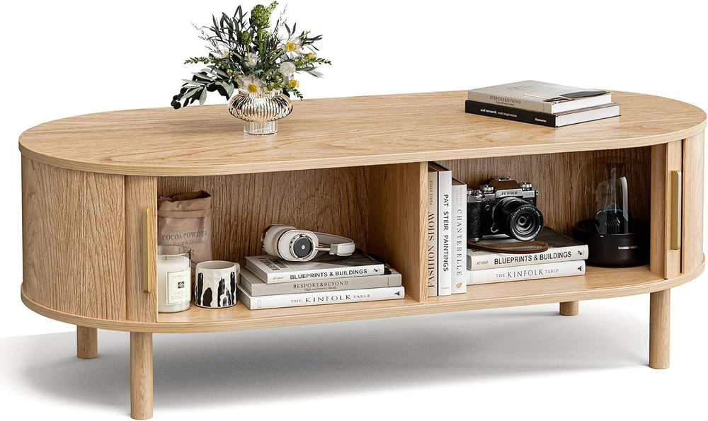 ZttRiee Oval Coffee Table with Sliding Doors, Modern, Natural