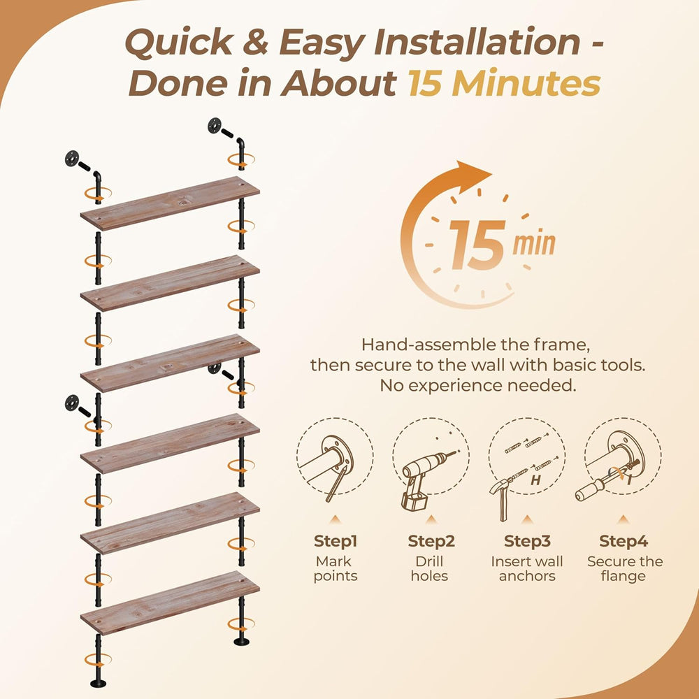 Industrial Pipe Bookshelf, Wall Mounted Shelf, 48 Inch, Weathered Brown