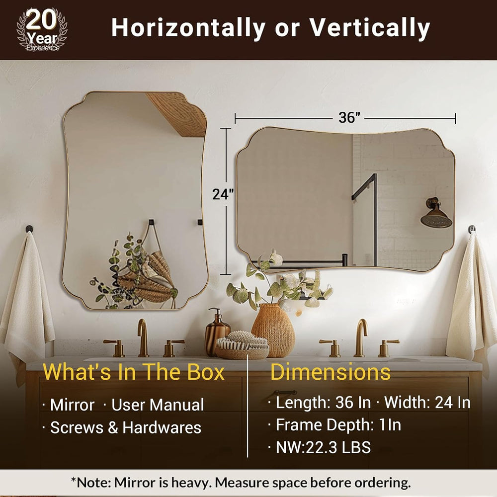 ANDY STAR 24"x36" Gold Mirror, Brushed Brass Scalloped Wall Mirror,...