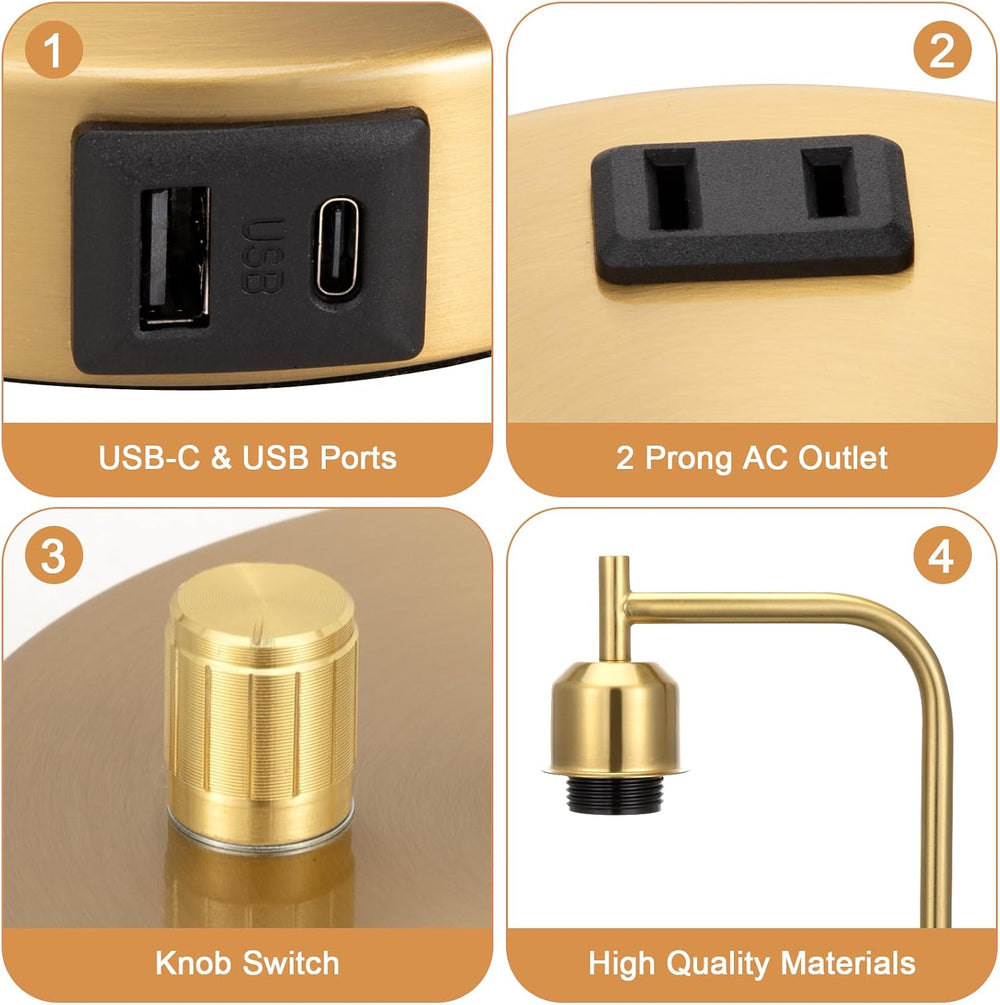 Innqoo Gold Lamp for Bedroom - Industrial Bedside Table Lamp with USB Port an...