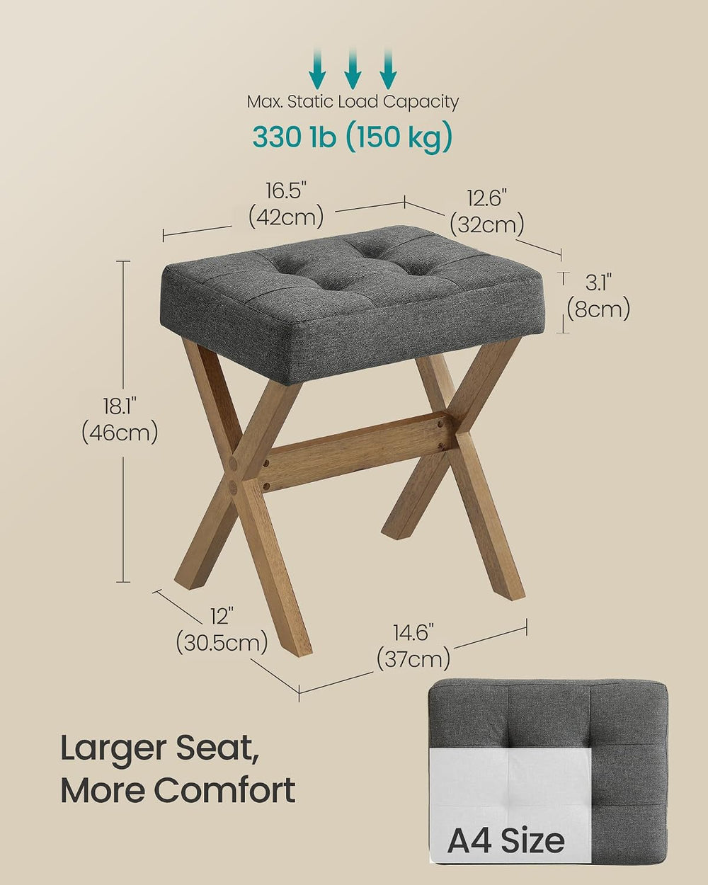 SONGMICS Makeup Stool, Padded Vanity Foot Rest, Solid Wood X Legs
