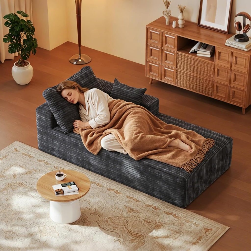 35" Sofa Bed, Boneless Cloud Couch, Rectangular Couch for Living Room, One-Piece Chaise Lounge with Pillows, Flannel Comfy Floor Sofa (Gray, Vertical Right Armrest Facing Chaise)