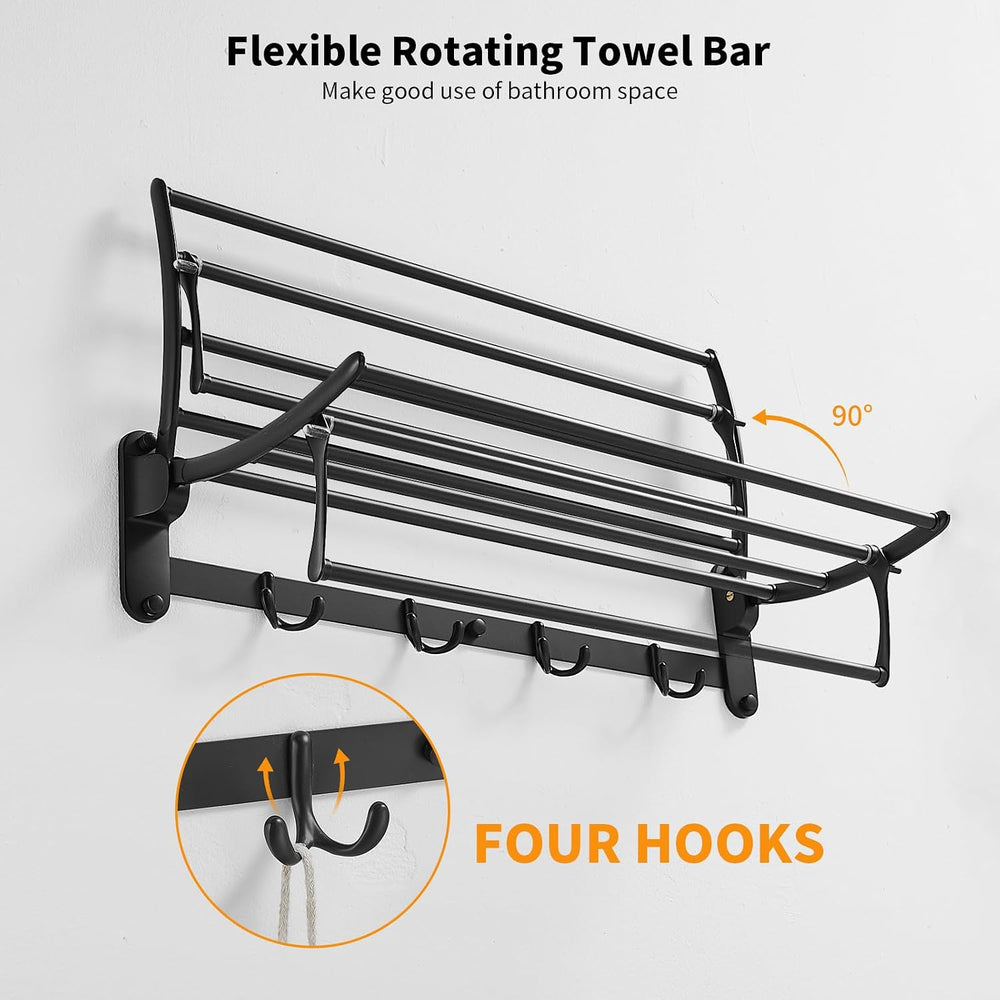 BESy Towel Racks with Foldable Towel Bar Hooks, Wall Mounted Matte Black