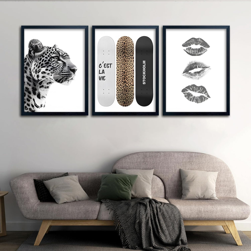 Framed Stockholm Style Canvas Wall Art Set of 3 Black and White Fashion Leopa...