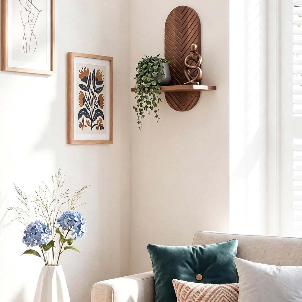 Boho Wall Shelves Set of 2, Modern Room Decor Floating Shelves Walnut