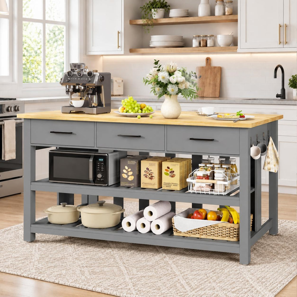 DynJest 60" Solid Rubberwood Kitchen Island with Power Outlets, Hooks, Grey