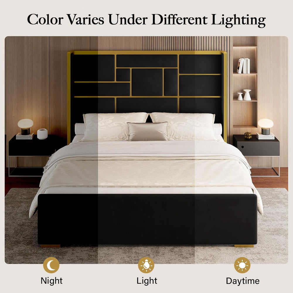 King Bed Frame and Gold Trim Headboard, Upholstered Bed, Black