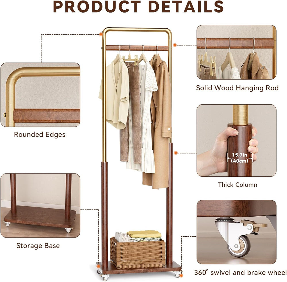 Taitiy Solid Wood Clothes Rack on Wheels for Bedroom, Living Room