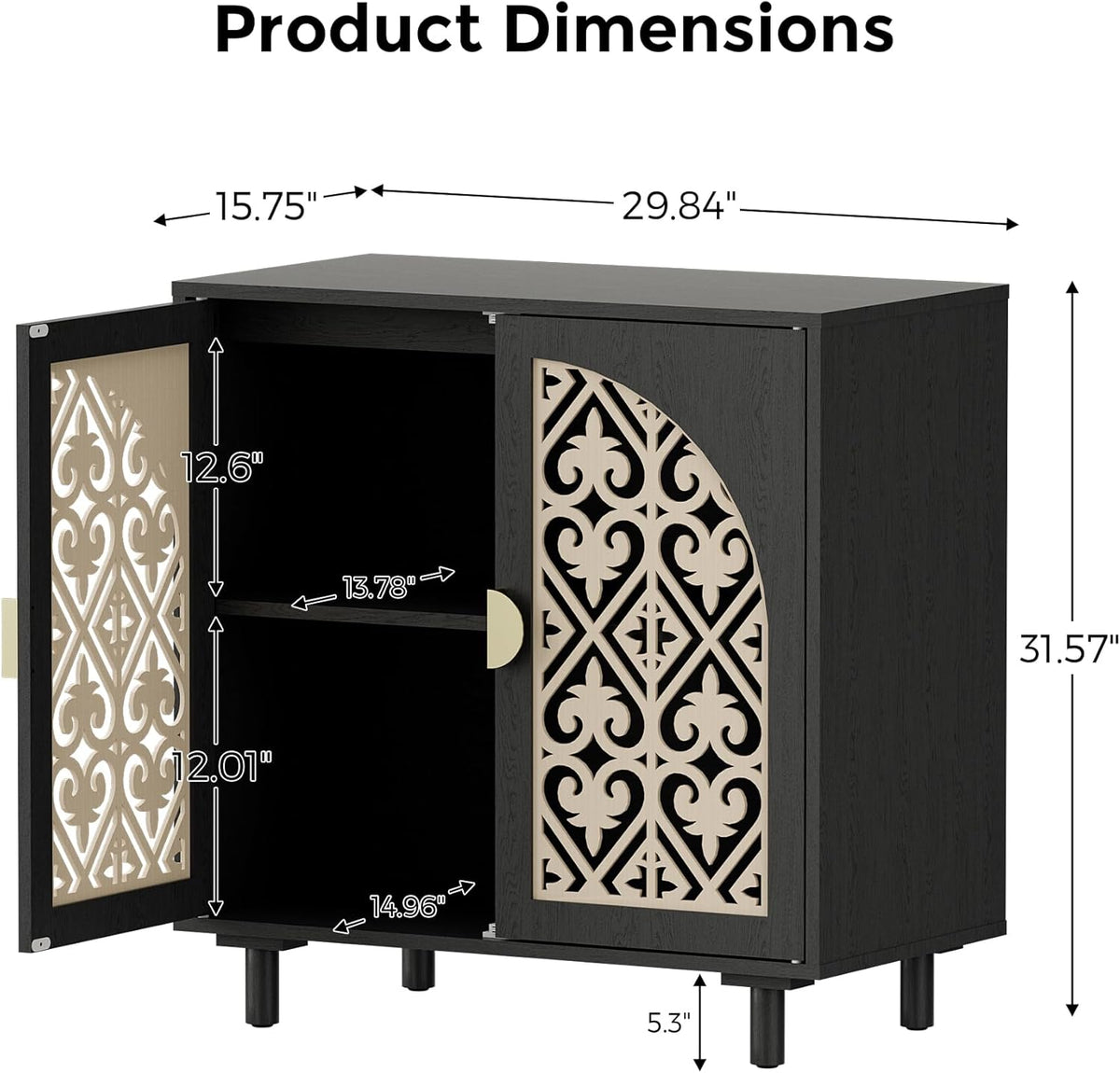 Decorative Storage Cabinet Sideboard with Hollow Carved Panels, 2 Doors, Natural Wood, 29.8 x 31.6 x 15.8 Inches. [Black, 1pc]