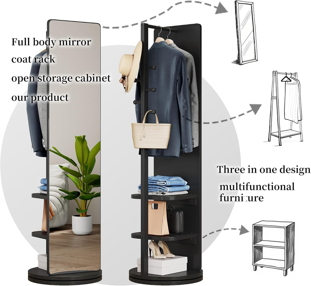 66" 360° Rotating Full Length Mirror with Hooks & Storage Coat Rack