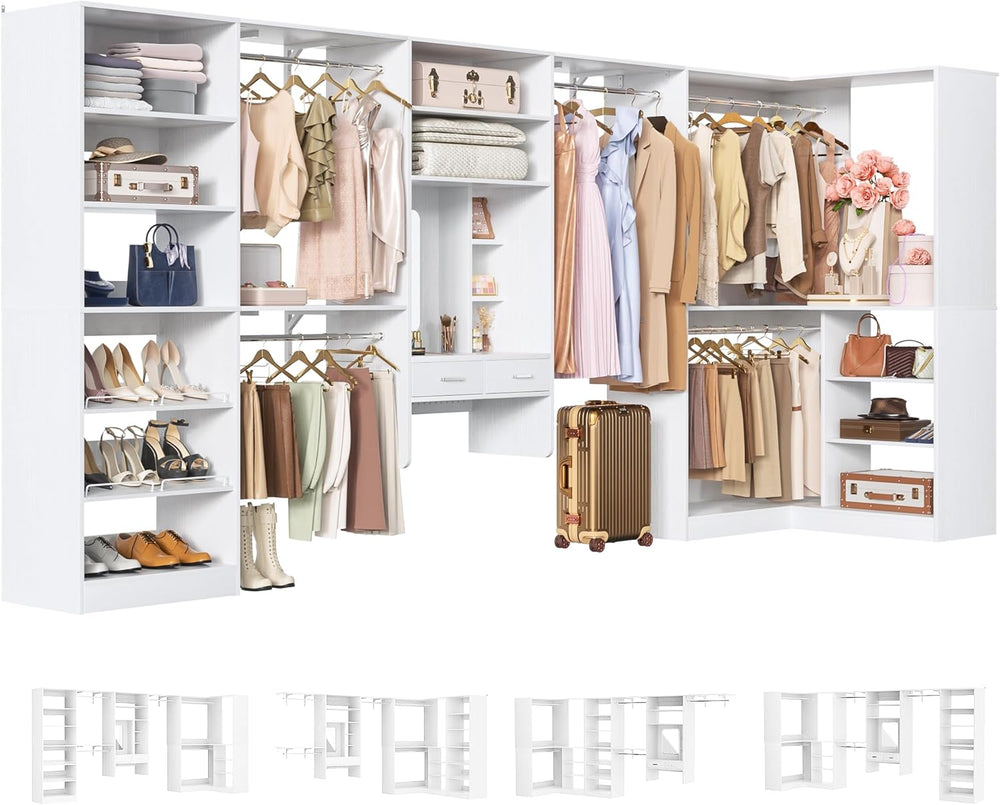 Unikito 156" Modular Corner Closet System with Vanity Desk Tower, White