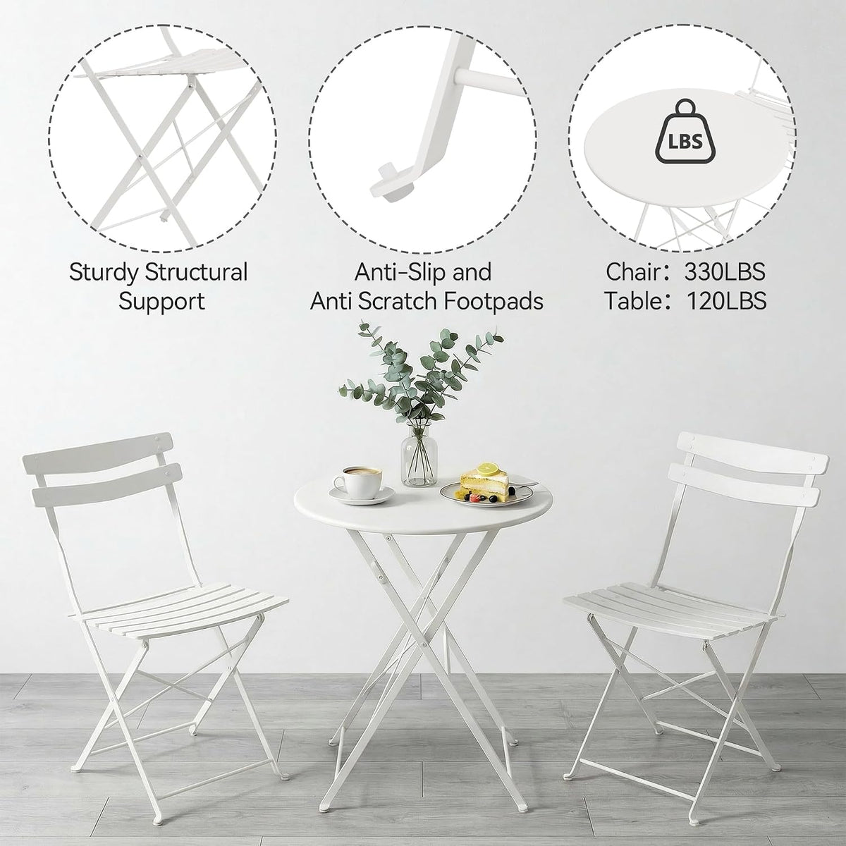 GarveeLife 3 Piece Patio Bistro Set, Patio Furniture Set, White