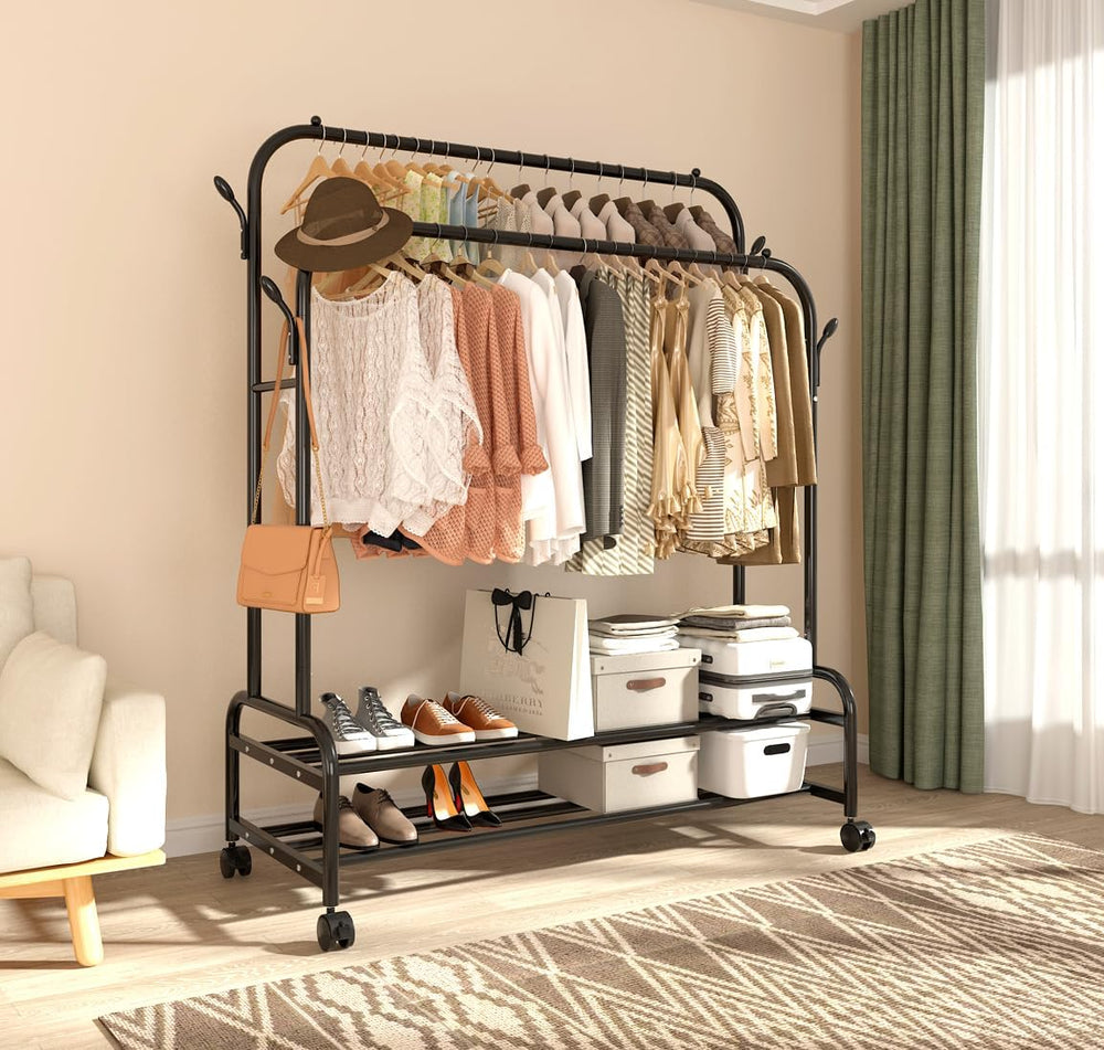 Sturdy Metal Double Rodding Clothes Rack With Wheels, Portable Clothing Rack ...