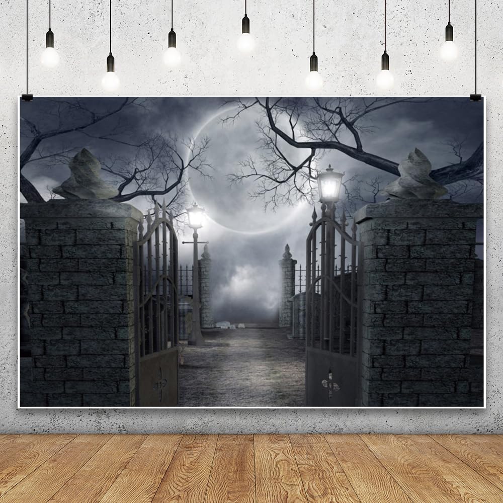 10x8ft Halloween Full Moon Cemetery Forest Photo Backdrop Decor