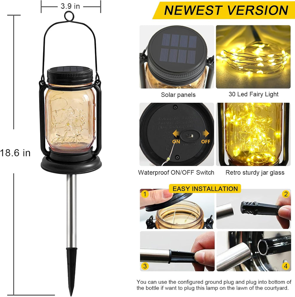 4Pack Hanging Solar Lantern,Vintage Glass Mason Jar Solar Fairy Lights