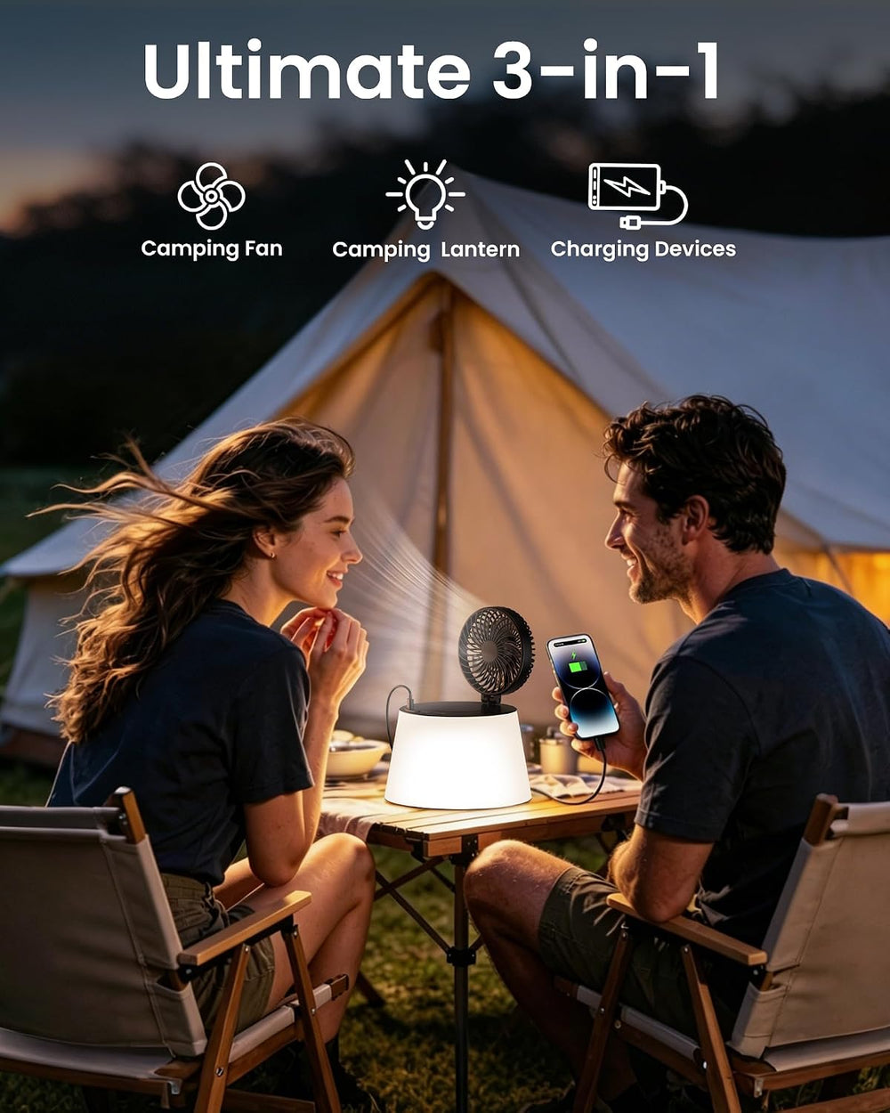 3 in 1 Portable Camping Lantern with Fan USB Rechargeable for Outdoor