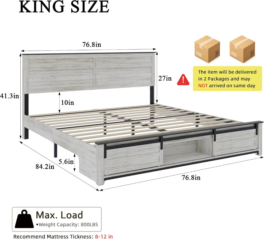 King Size Wooden Bed Frame with Headboard and Storage Footboard