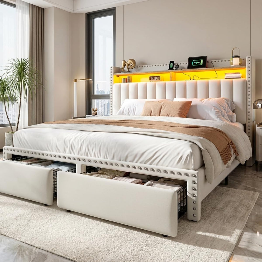 EnHomee Queen Size Bed Frame with 2 Drawers, LED & Charging Station, Beige