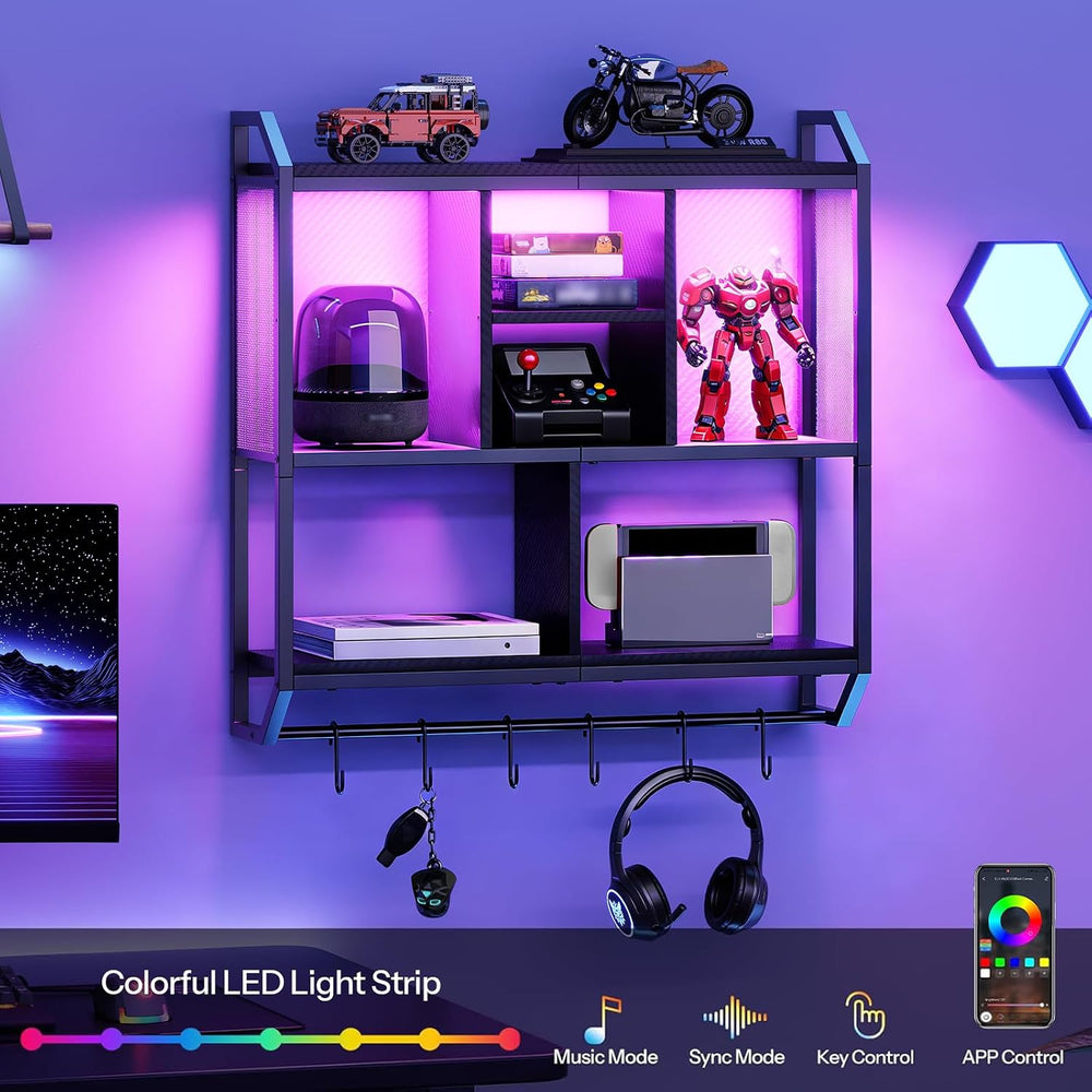 HOOBRO Gaming Floating Shelves with LED Light, 28.7" LED Wall Mounted Shelf