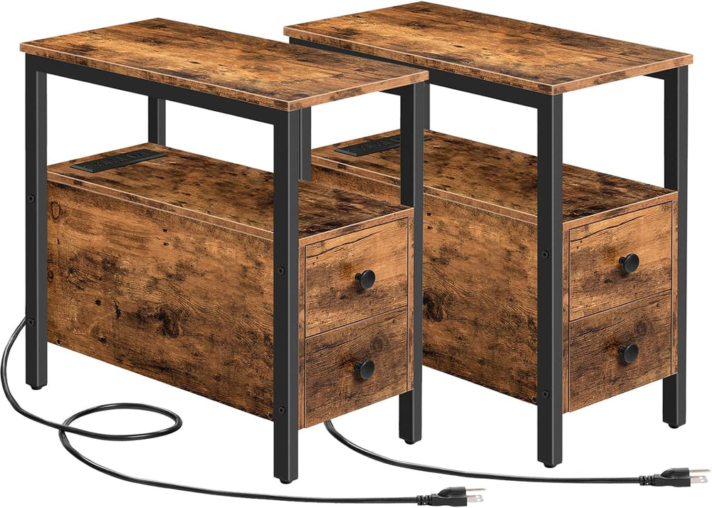 HOOBRO Set of 2 End Tables with Charging Station, Narrow Side Table with Draw...