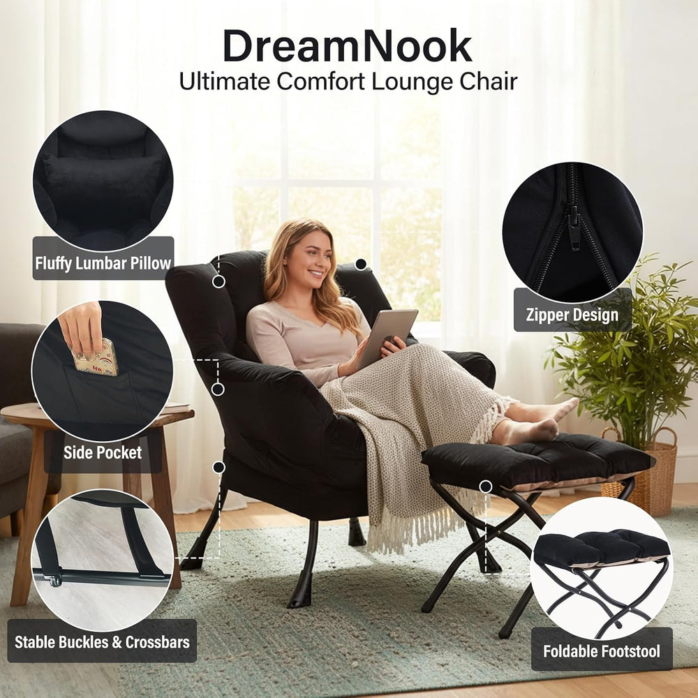 Lazy Chair with Ottoman, Comfy Chair with Pillow，Pure Black