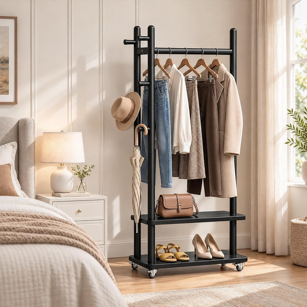 Taitiy Coat Rack Solid Wood Stand Storage 2 Shelves 5 Hooks Black