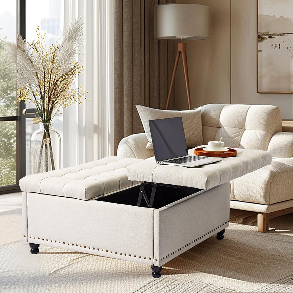 Redlife 35 Inch Large Square Storage Ottoman, Coffee Table Ottoman, Linen