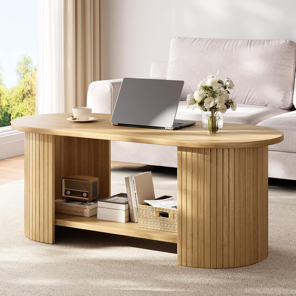 42" Oval Fluted Coffee Table, 2-Tier Center Table with Large Storage, Mi...