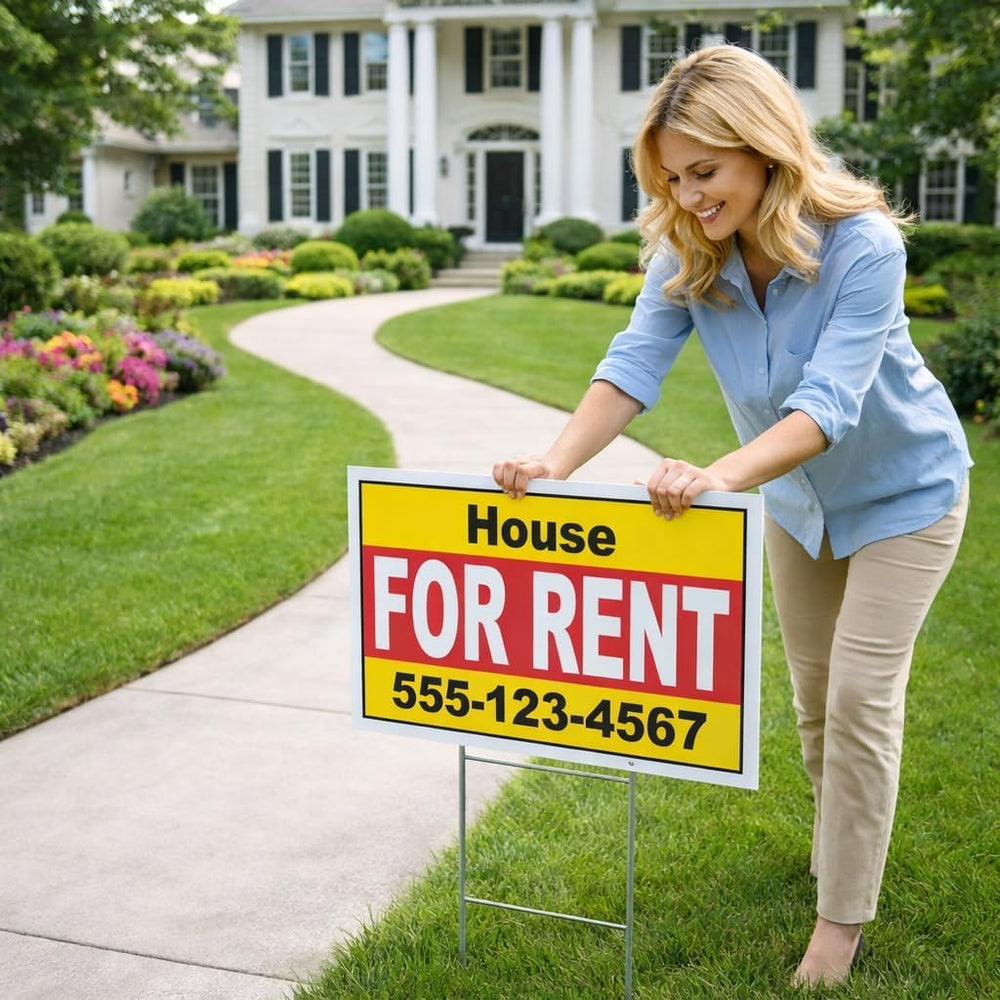 18x24 Custom For Rent Yard Signs 2 Pack, Double Sided, Metal H-Stakes