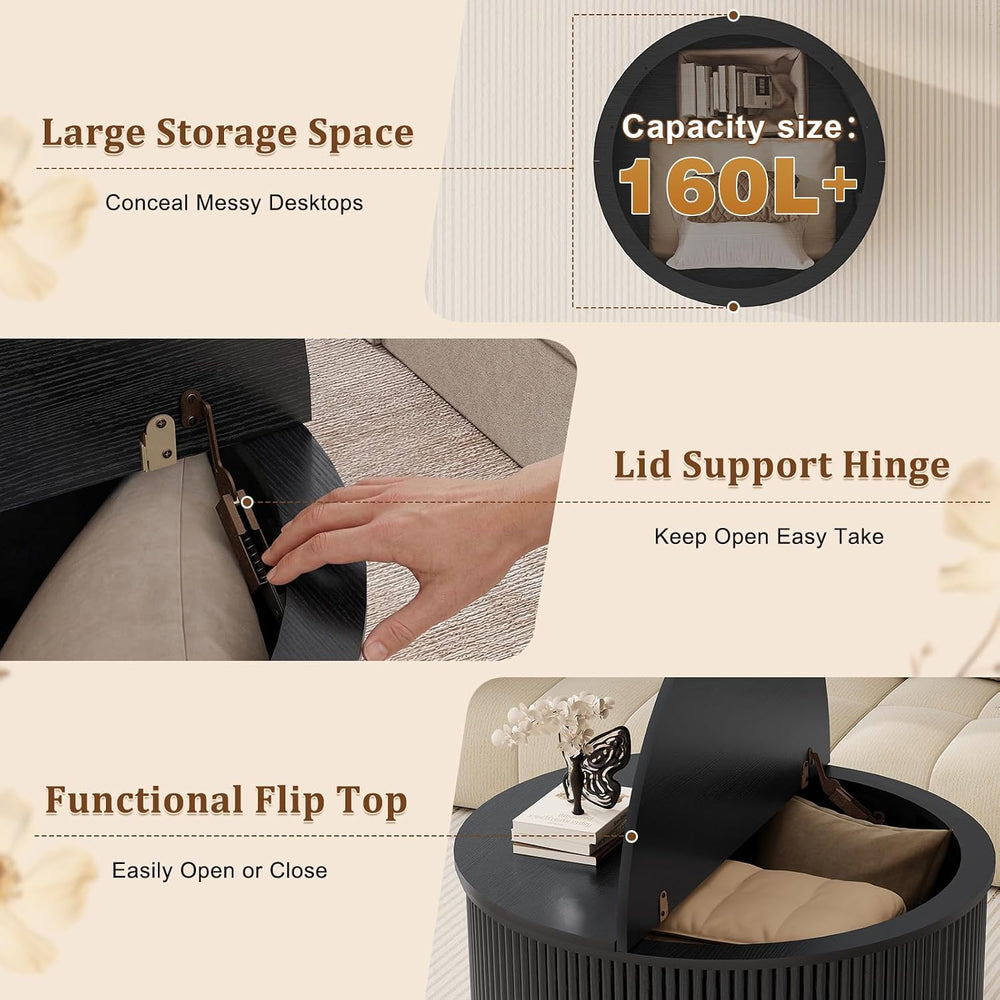 LYNCOHOME 31.5'' Fluted Flip Top Round Coffee Table with Storage, Dru...