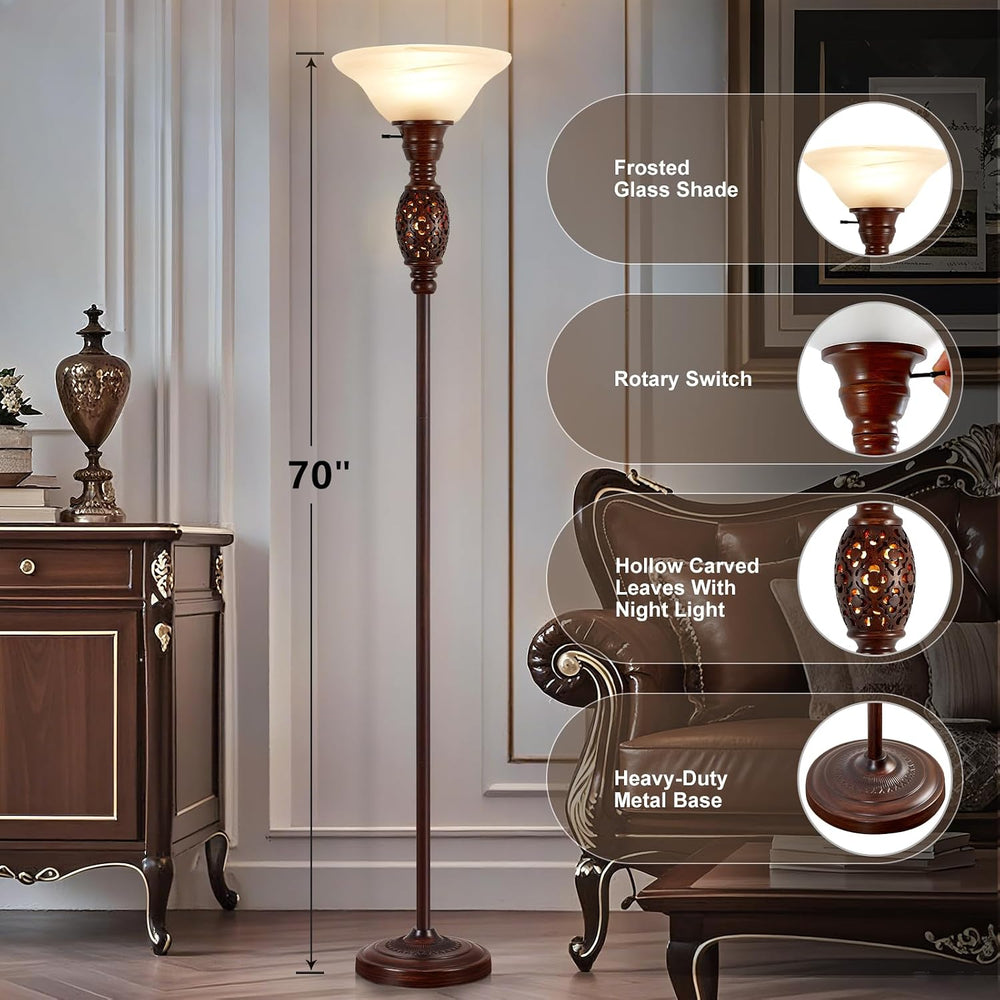 Luvkczc 70" Torchiere Floor Lamp with NightLight & Etched Glass Shade