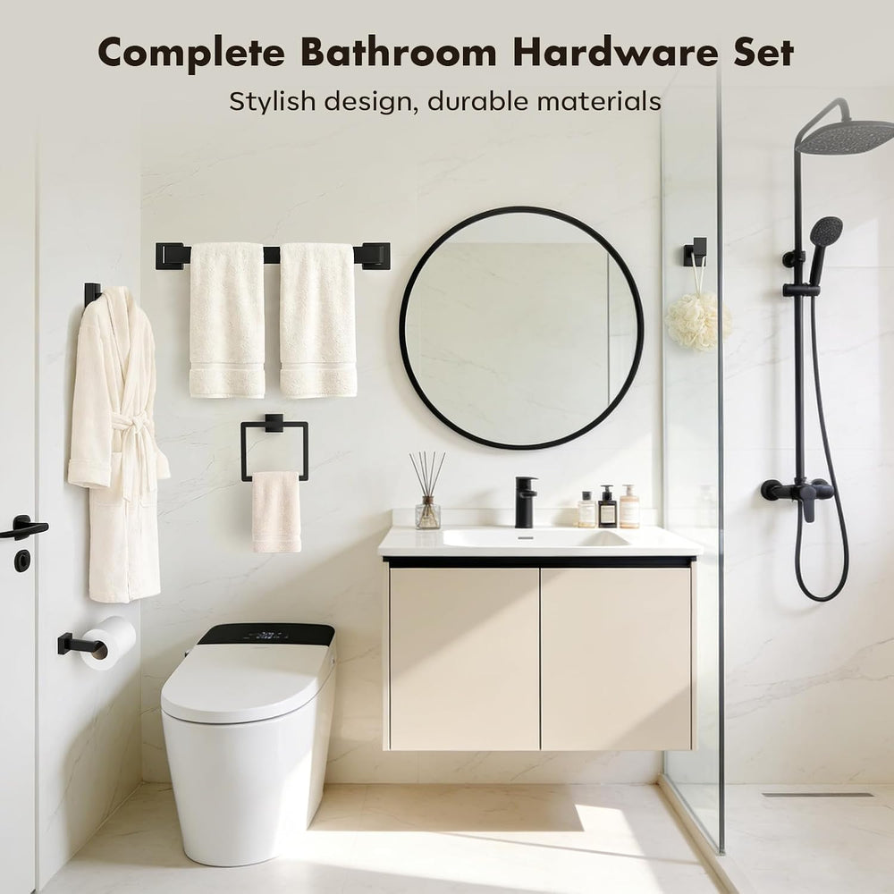 10-Pieces Matte Black Bathroom Accessories Set, 24 Inch Bath Towel Bar Set